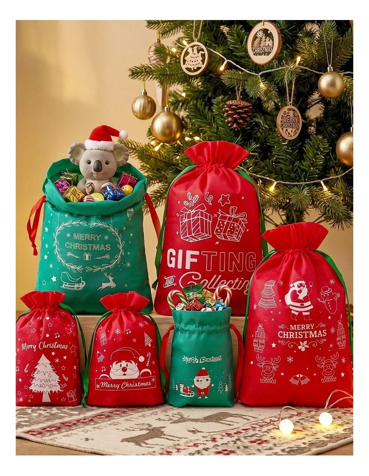Jingle Jollys 6PCS Christmas Santa Sacks Drawstring Reusable Gift Storage Bags 2 Sizes image 6