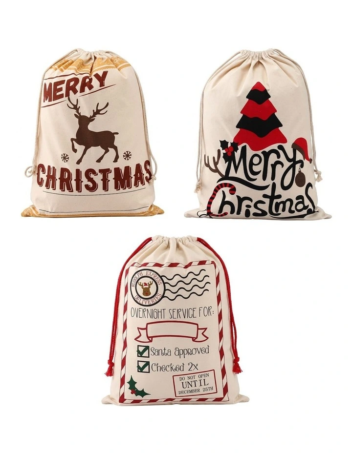 Jingle Jollys 3PCS Christmas Santa Sacks Large Reusable Personalised Canvas Gift Storage Bags image 1