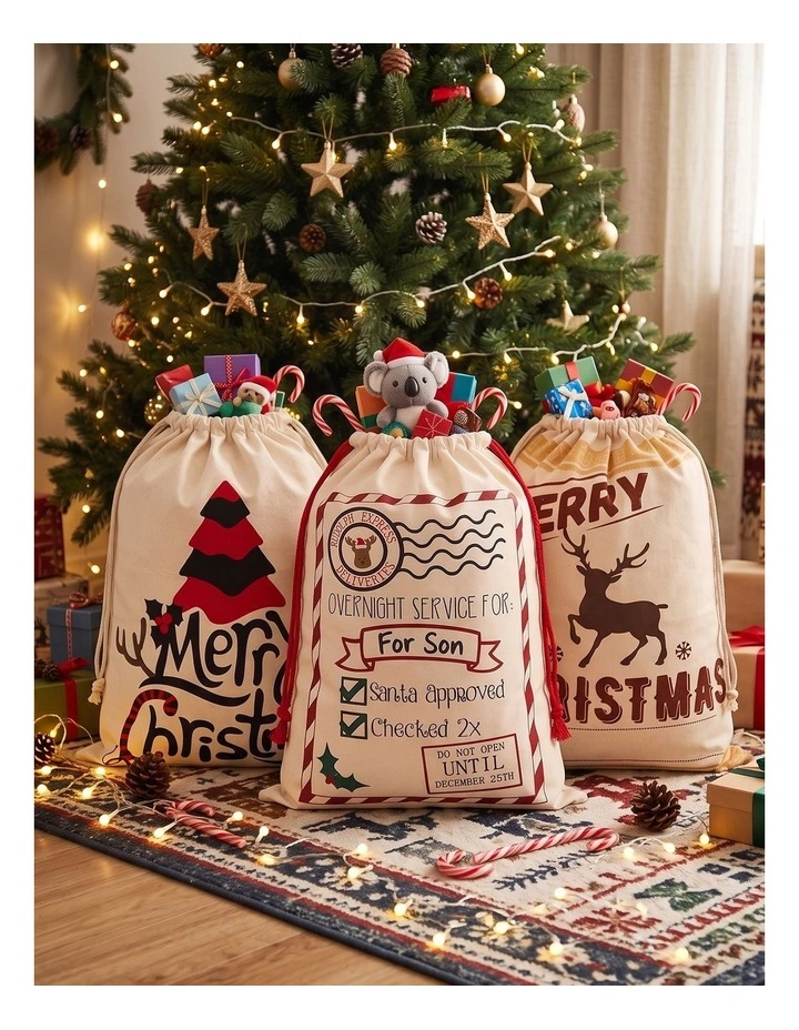 Jingle Jollys 3PCS Christmas Santa Sacks Large Reusable Personalised Canvas Gift Storage Bags image 6