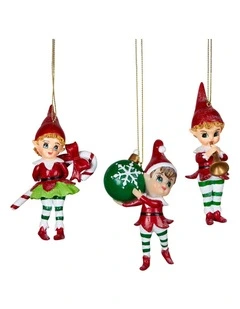 Christabelle 10.5cm 3 Elf Christmas Ornaments Baubles Novelty Figures Xmas Tree Decor Hanging