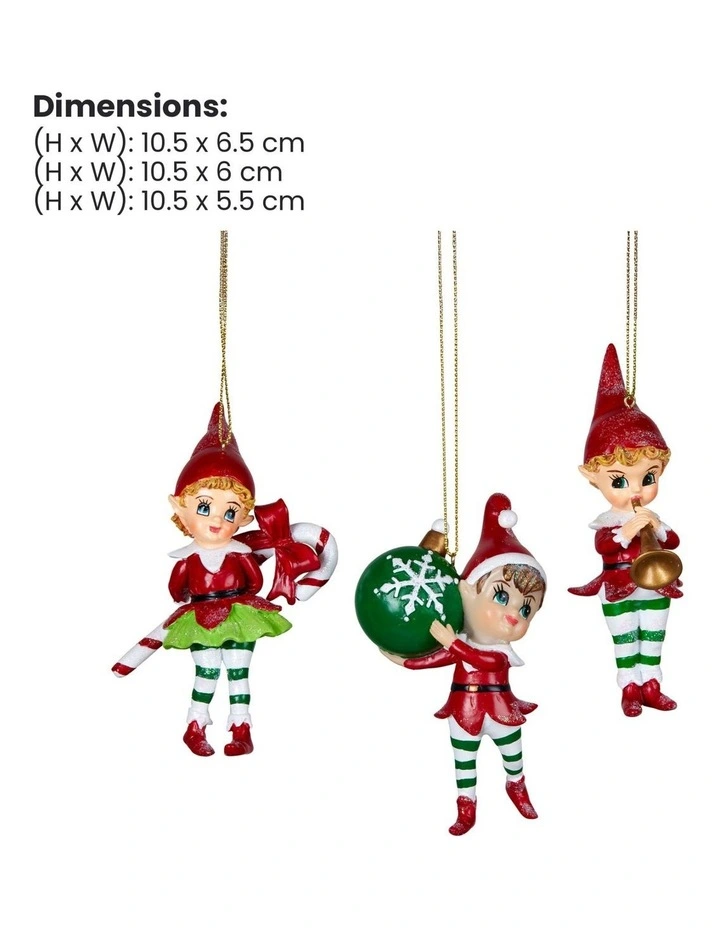 Christabelle 10.5cm 3 Elf Christmas Ornaments Baubles Novelty Figures Xmas Tree Decor Hanging image 2