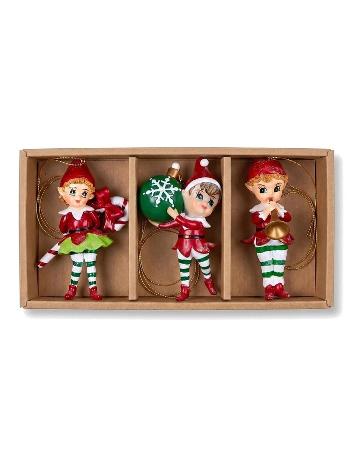 Christabelle 10.5cm 3 Elf Christmas Ornaments Baubles Novelty Figures Xmas Tree Decor Hanging image 3