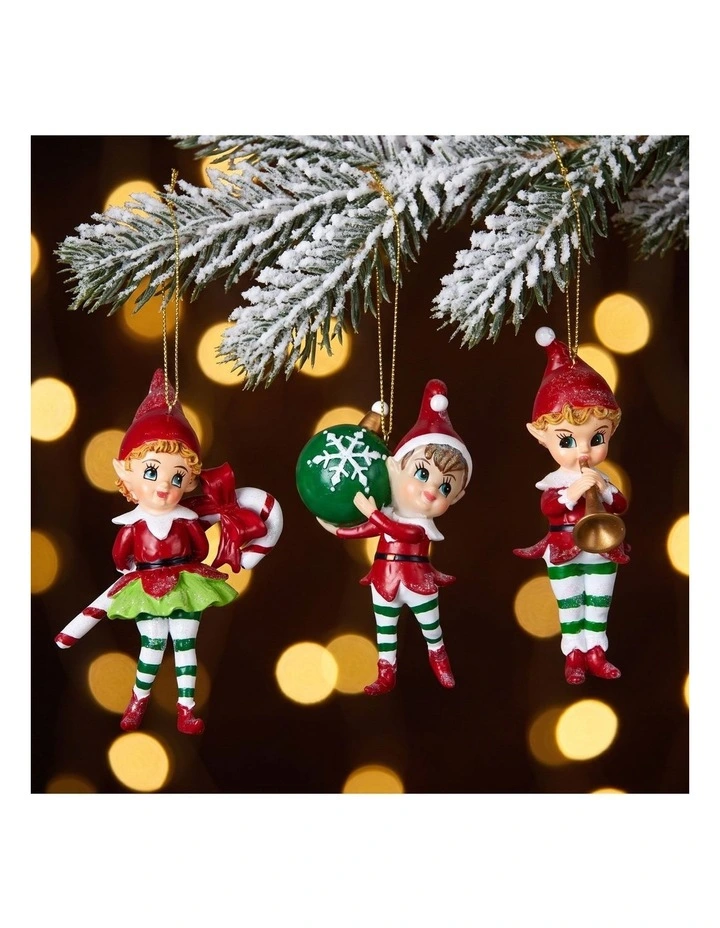 Christabelle 10.5cm 3 Elf Christmas Ornaments Baubles Novelty Figures Xmas Tree Decor Hanging image 4