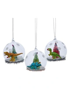 Christabelle 11cm 3 Glass Dome Baubles Christmas Ornaments Dinosaur Novelty Figures Xmas Tree Decor