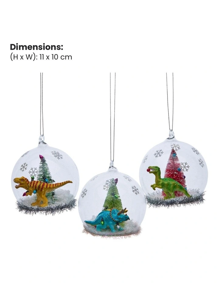 Christabelle 11cm 3 Glass Dome Baubles Christmas Ornaments Dinosaur Novelty Figures Xmas Tree Decor image 2