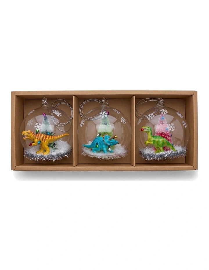 Christabelle 11cm 3 Glass Dome Baubles Christmas Ornaments Dinosaur Novelty Figures Xmas Tree Decor image 3