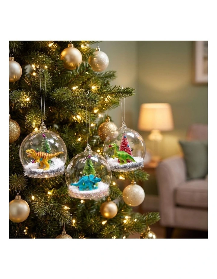 Christabelle 11cm 3 Glass Dome Baubles Christmas Ornaments Dinosaur Novelty Figures Xmas Tree Decor image 4