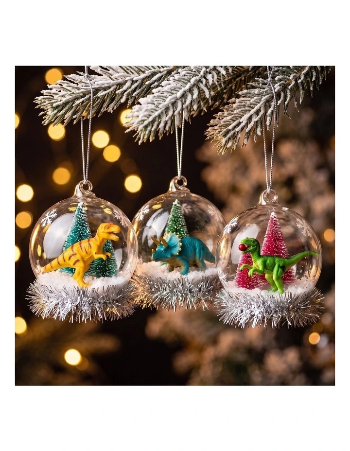 Christabelle 11cm 3 Glass Dome Baubles Christmas Ornaments Dinosaur Novelty Figures Xmas Tree Decor image 5