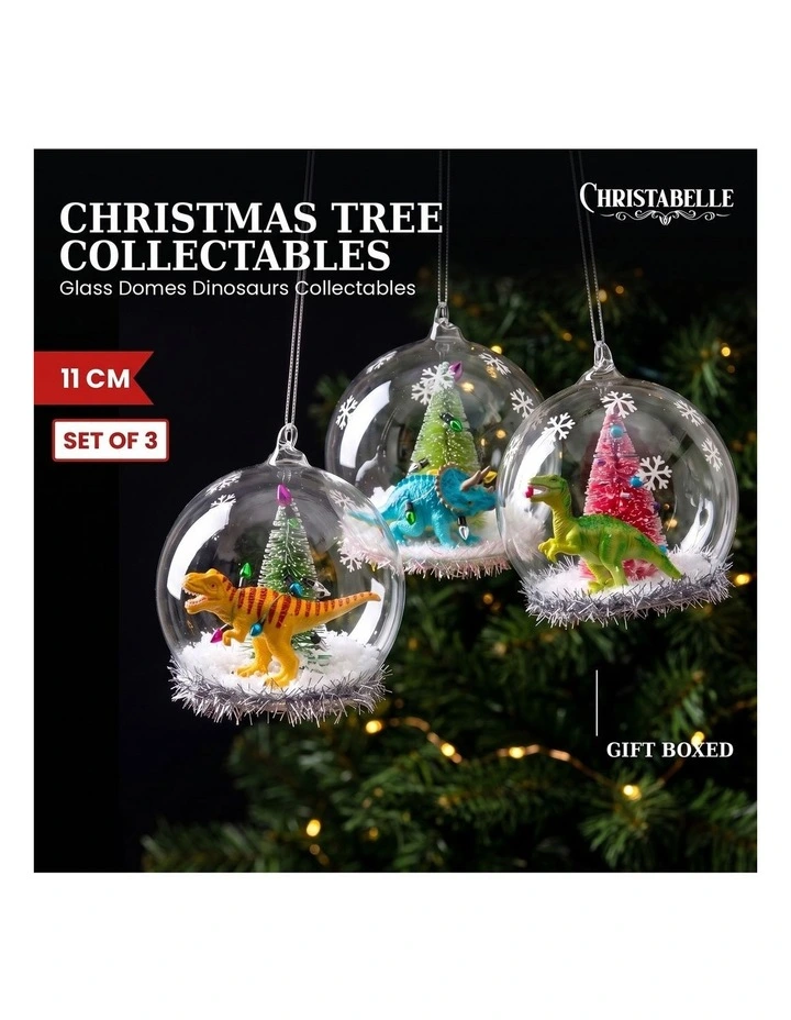 Christabelle 11cm 3 Glass Dome Baubles Christmas Ornaments Dinosaur Novelty Figures Xmas Tree Decor image 7