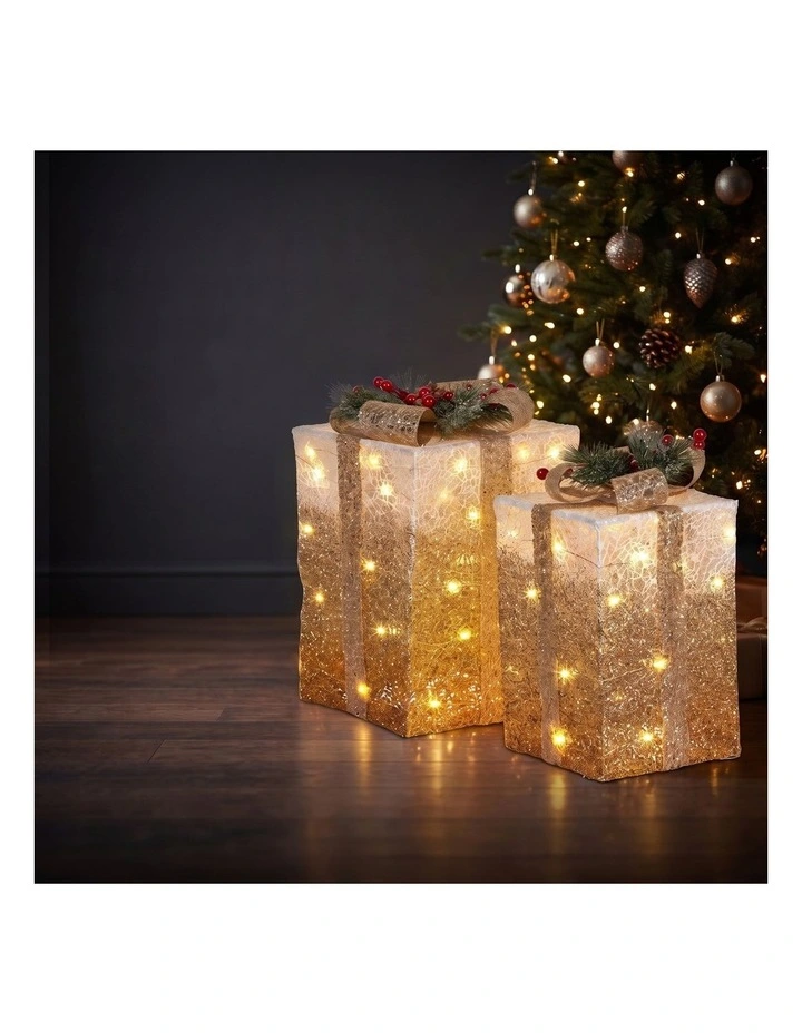 Christabelle 2 41cm 35cm Gold White Christmas Gift Boxes Light Up Display Indoor Xmas Decor image 2