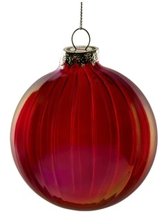 Christabelle 6Pcs Glossy Red Glass Baubles Textured Stripe Finish Balls Christmas Tree Decoration