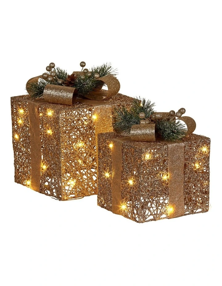 Set of 2 Light Up Christmas Gift Boxes Champagne Gold Battery Operated Warm White LED Present image 1