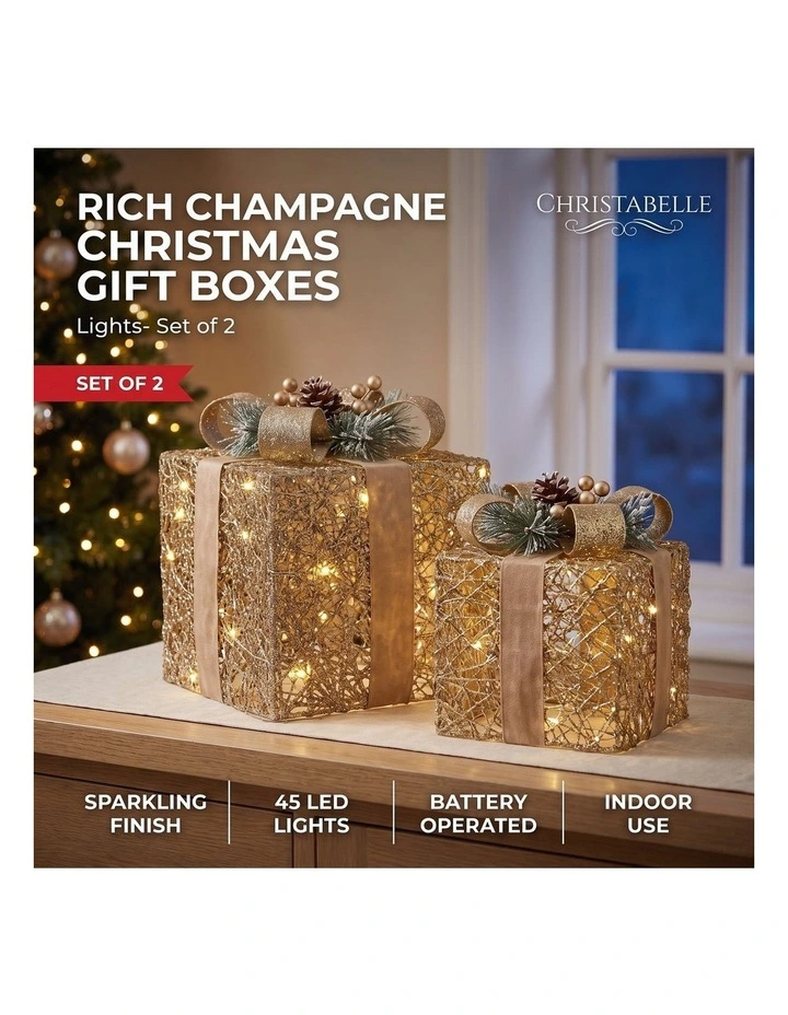 Set of 2 Light Up Christmas Gift Boxes Champagne Gold Battery Operated Warm White LED Present image 2