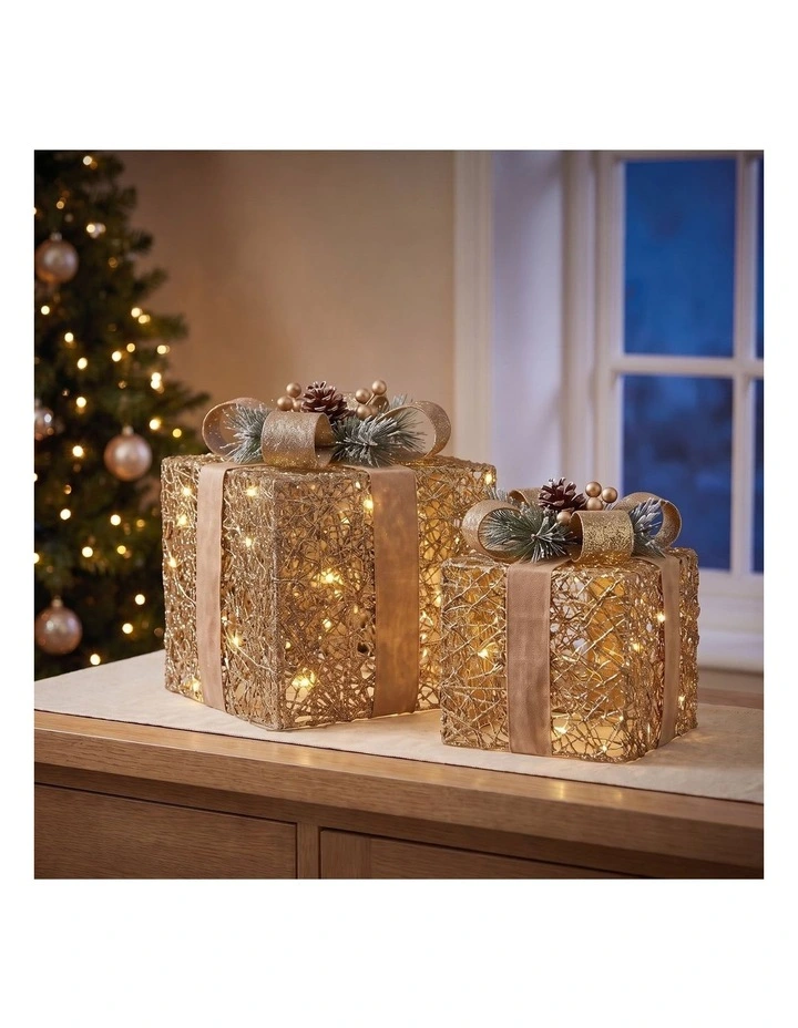 Set of 2 Light Up Christmas Gift Boxes Champagne Gold Battery Operated Warm White LED Present image 3