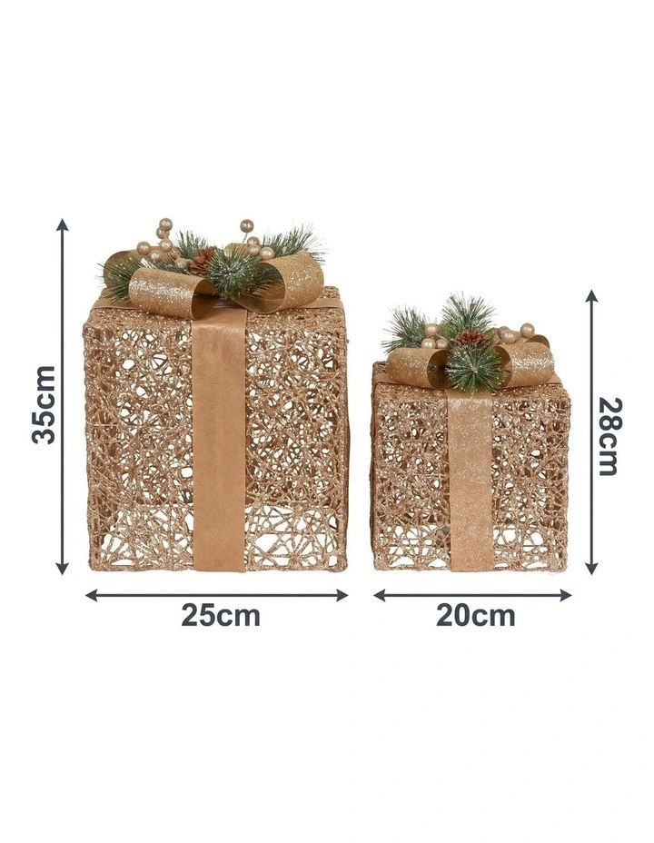 Set of 2 Light Up Christmas Gift Boxes Champagne Gold Battery Operated Warm White LED Present image 4