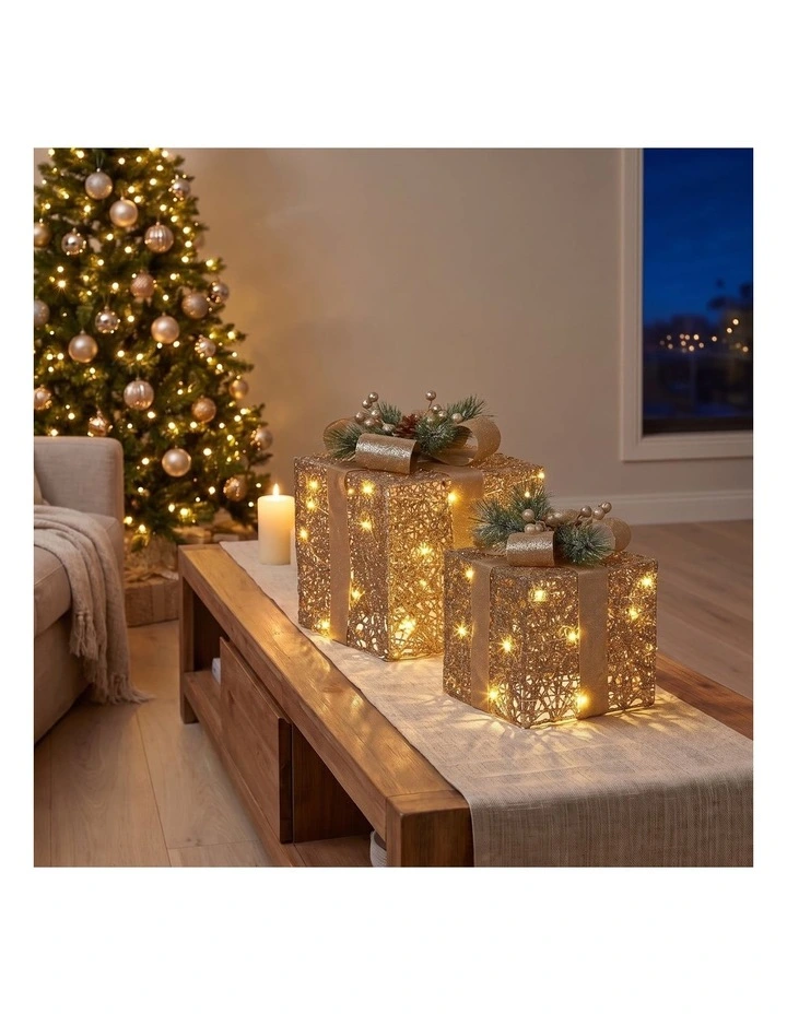 Set of 2 Light Up Christmas Gift Boxes Champagne Gold Battery Operated Warm White LED Present image 5