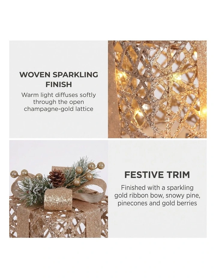 Set of 2 Light Up Christmas Gift Boxes Champagne Gold Battery Operated Warm White LED Present image 6