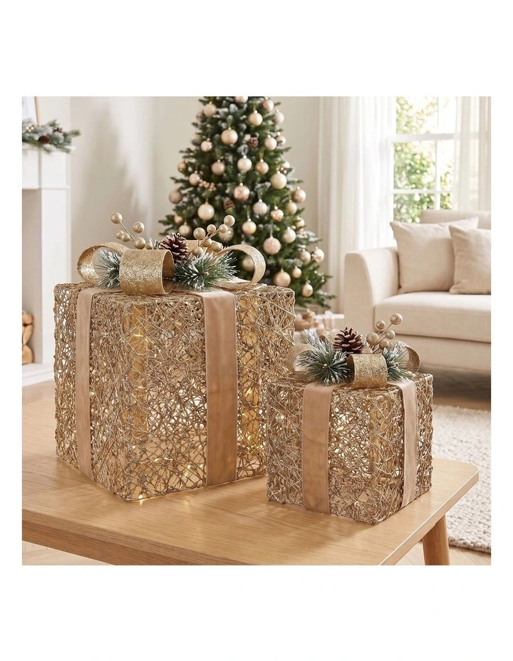 Set of 2 Light Up Christmas Gift Boxes Champagne Gold Battery Operated Warm White LED Present image 7