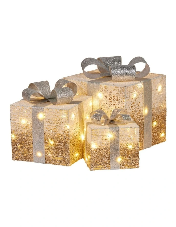 Christabelle 3 Piece Christmas Present Display Set with Lights - Champagne Finish image 1