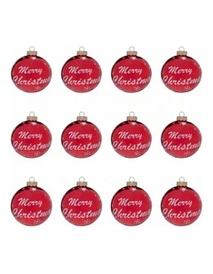 Christabelle 12 Red Glass Christmas Baubles Merry Christmas Design 8cm Xmas Tree Decorations