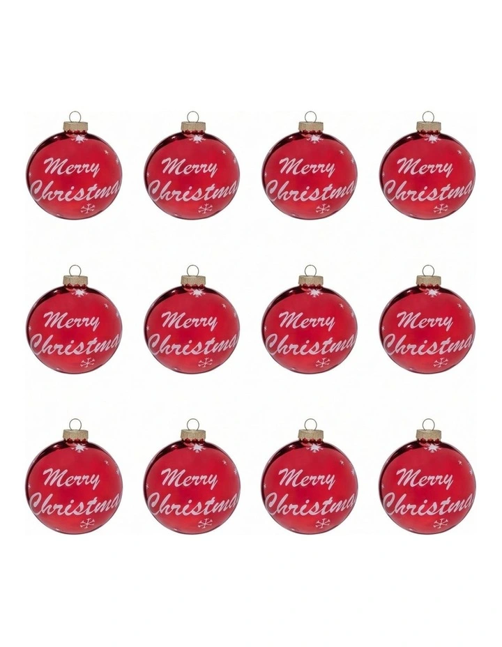 Christabelle 12 Red Glass Christmas Baubles Merry Christmas Design 8cm Xmas Tree Decorations image 1