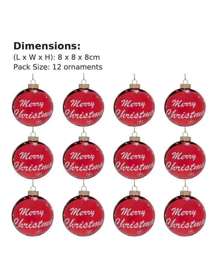 Christabelle 12 Red Glass Christmas Baubles Merry Christmas Design 8cm Xmas Tree Decorations image 2