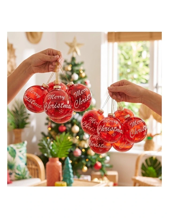 Christabelle 12 Red Glass Christmas Baubles Merry Christmas Design 8cm Xmas Tree Decorations image 4