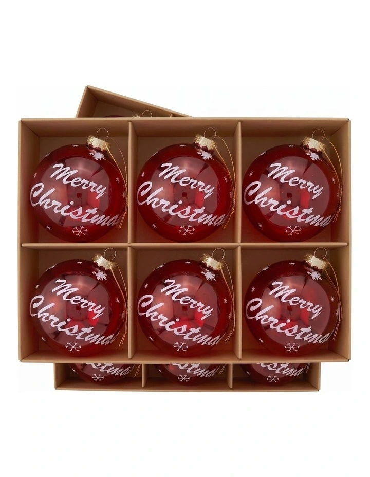 Christabelle 12 Red Glass Christmas Baubles Merry Christmas Design 8cm Xmas Tree Decorations image 6