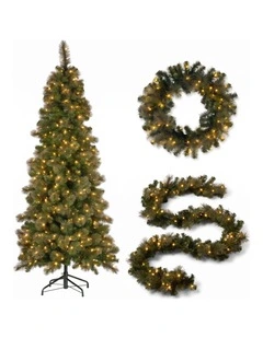 Christabelle Gold Pine Shimmer Slim Christmas 3pc Set 2.3m Christmas Tree Wreath Garland with LED