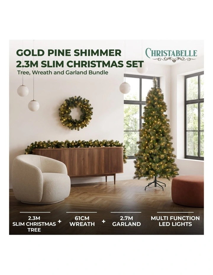 Christabelle Gold Pine Shimmer Slim Christmas 3pc Set 2.3m Christmas Tree Wreath Garland with LED image 2