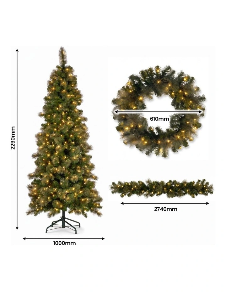 Christabelle Gold Pine Shimmer Slim Christmas 3pc Set 2.3m Christmas Tree Wreath Garland with LED image 3