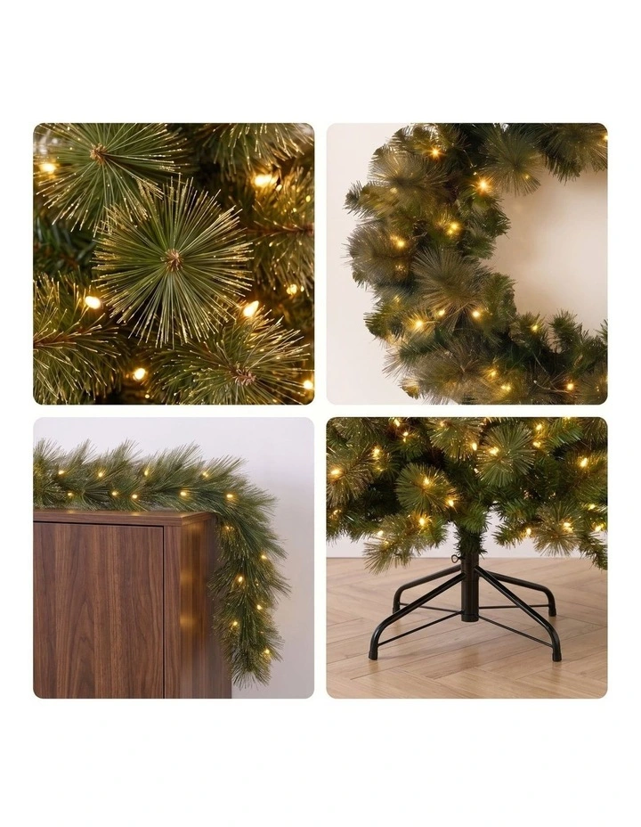 Christabelle Gold Pine Shimmer Slim Christmas 3pc Set 2.3m Christmas Tree Wreath Garland with LED image 7