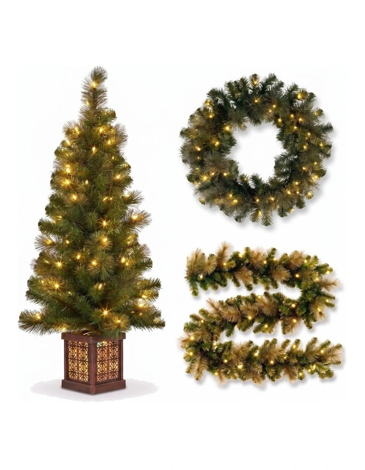 Christabelle Gold Pine Shimmer Christmas 3pc Set 1.2m Potted Christmas Tree Wreath and Garland with image 1