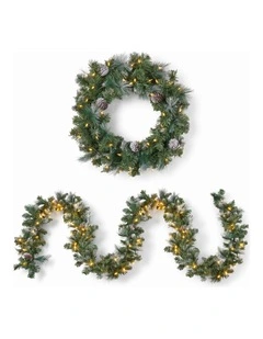 Christabelle Pre-Lit Bayville Pine Christmas Wreath 61cm or Garland 2.7m with 50 LED Lights, Pine