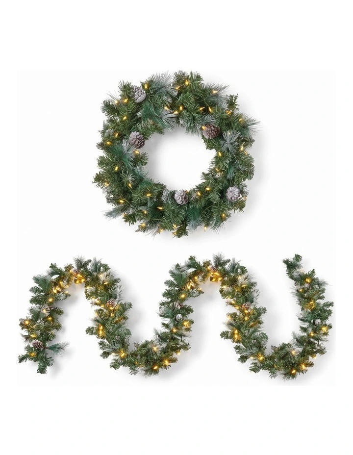 Christabelle Pre-Lit Bayville Pine Christmas Wreath 61cm or Garland 2.7m with 50 LED Lights, Pine image 1