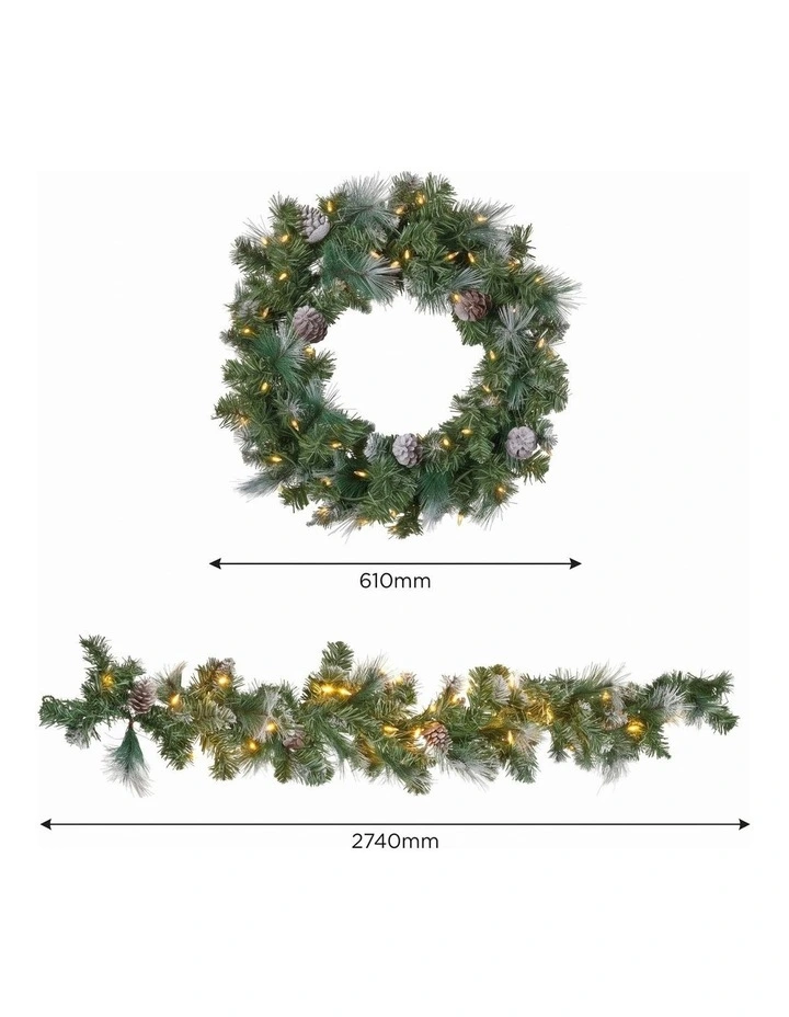 Christabelle Pre-Lit Bayville Pine Christmas Wreath 61cm or Garland 2.7m with 50 LED Lights, Pine image 2