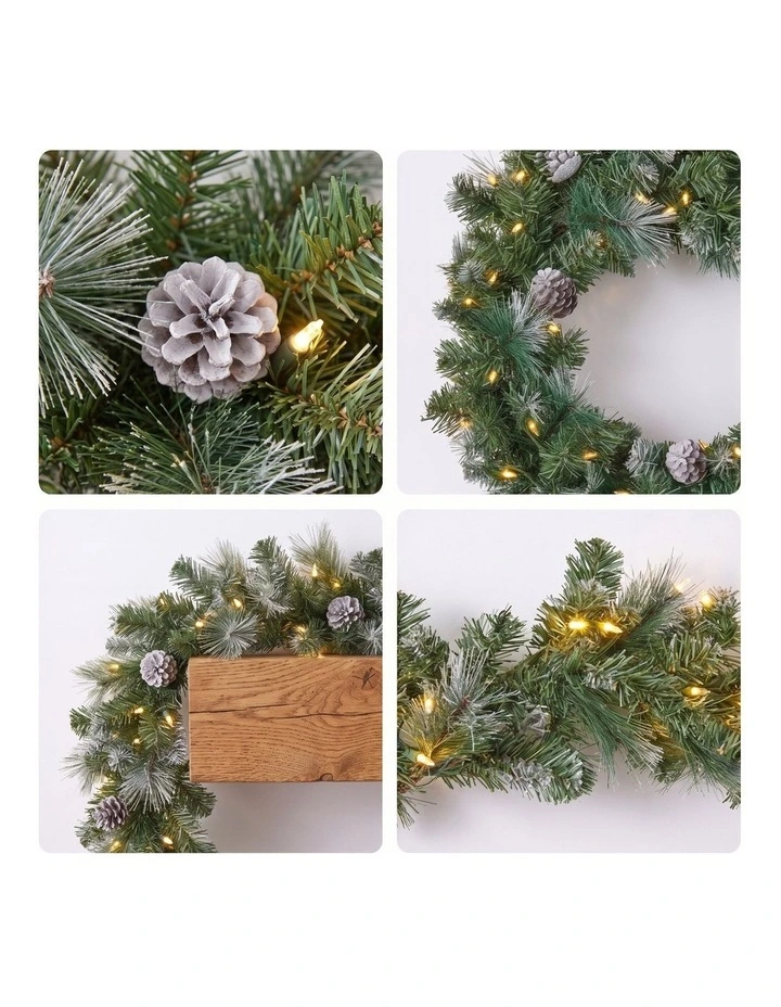 Christabelle Pre-Lit Bayville Pine Christmas Wreath 61cm or Garland 2.7m with 50 LED Lights, Pine image 4