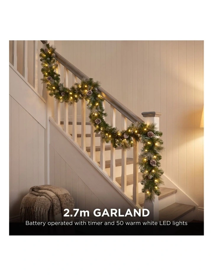 Christabelle Pre-Lit Bayville Pine Christmas Wreath 61cm or Garland 2.7m with 50 LED Lights, Pine image 6