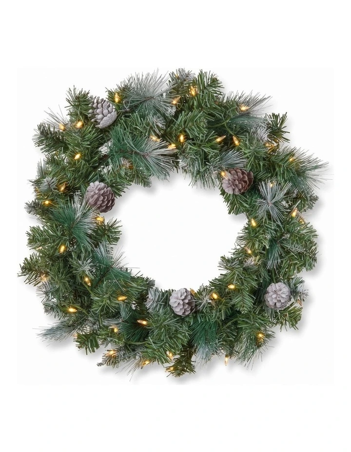Christabelle Pre-Lit Bayville Pine Christmas Wreath 61cm or Garland 2.7m with 50 LED Lights, Pine image 7