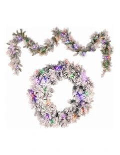 Christabelle Pre-Lit Snowy Christmas Wreath 61cm & 2.7m Garland Dorset Pine Multi-Function LED
