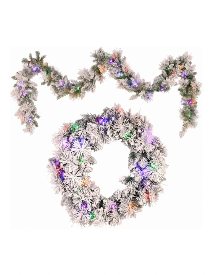 Christabelle Pre-Lit Snowy Christmas Wreath 61cm & 2.7m Garland Dorset Pine Multi-Function LED image 1