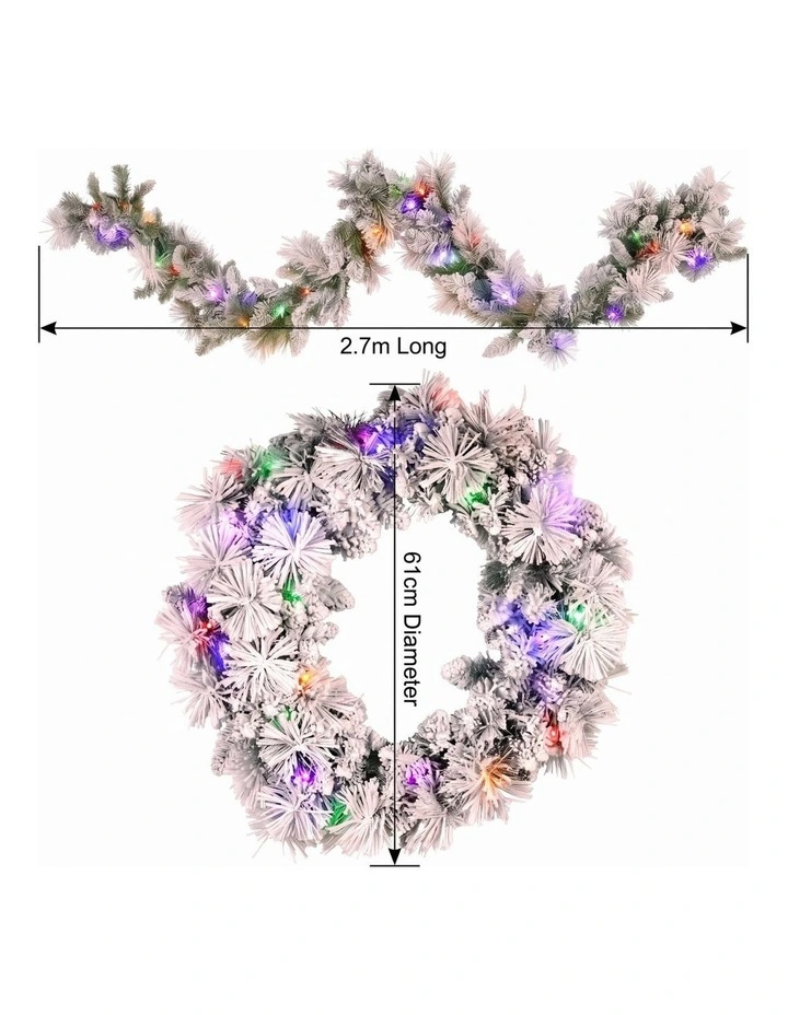 Christabelle Pre-Lit Snowy Christmas Wreath 61cm & 2.7m Garland Dorset Pine Multi-Function LED image 3