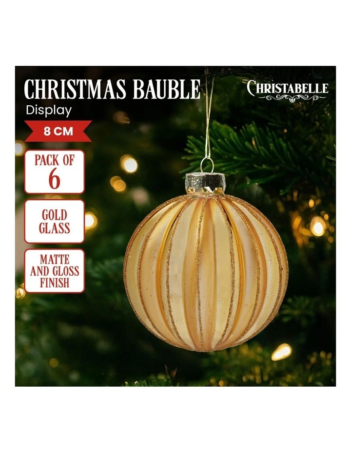 Christabelle Box of 6 Gold Glass Christmas Baubles 8cm Matte & Gloss Finish Xmas Tree Hanging image 2