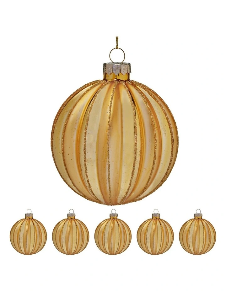 Christabelle Box of 6 Gold Glass Christmas Baubles 8cm Matte & Gloss Finish Xmas Tree Hanging image 4