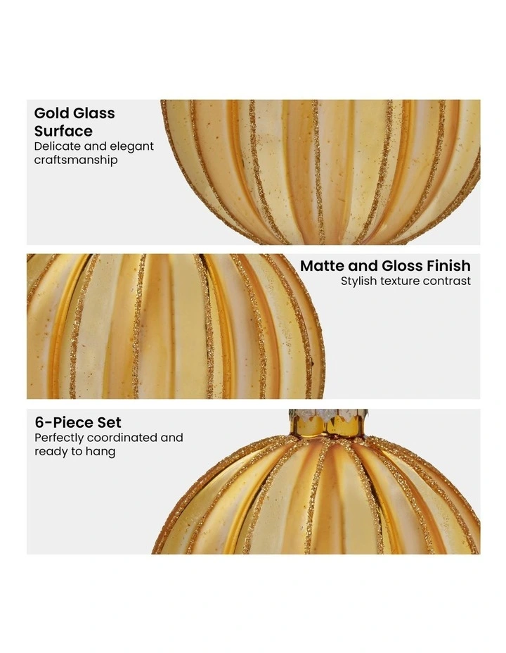 Christabelle Box of 6 Gold Glass Christmas Baubles 8cm Matte & Gloss Finish Xmas Tree Hanging image 5
