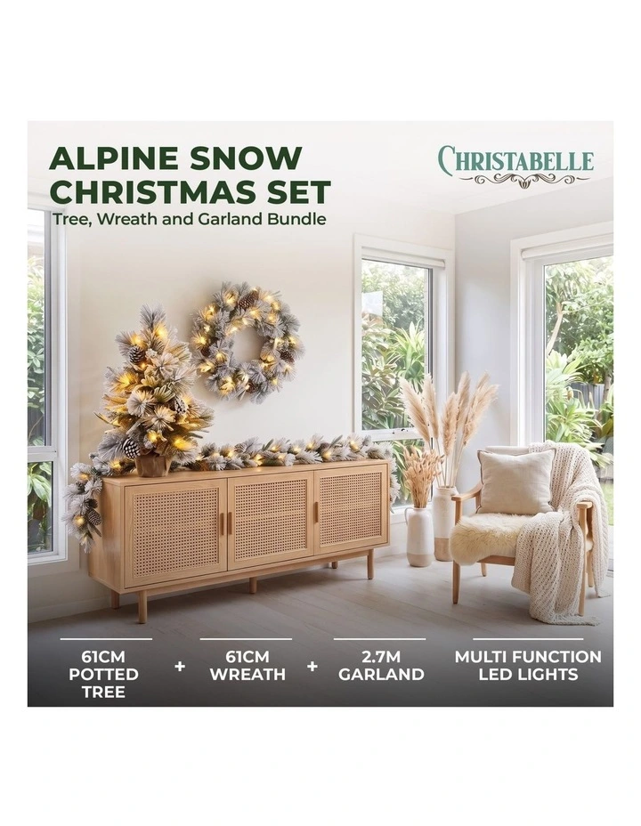 Christabelle 2ft Alpine Snow Potted Tree 61cm Alpine Snow Wreath 2.74m Alpine Snow Garland Pre-lit image 2