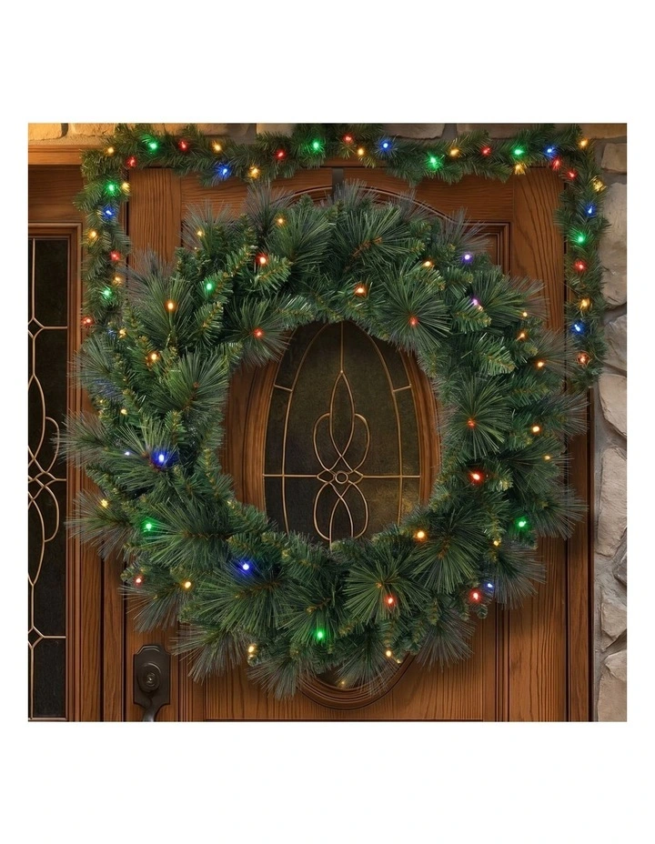 Christabelle 61cm Dorset Pine Christmas Wreath Pre Lit Multi Function LED Front Door Xmas image 3