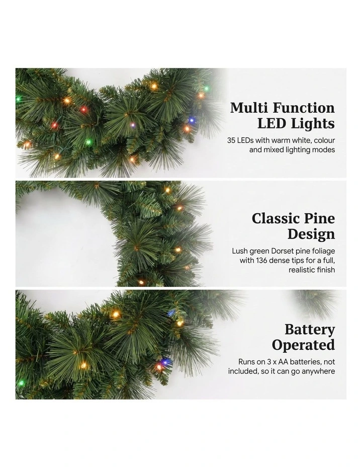 Christabelle 61cm Dorset Pine Christmas Wreath Pre Lit Multi Function LED Front Door Xmas image 5