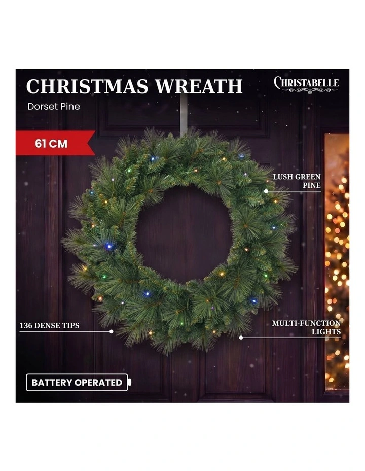 Christabelle 61cm Dorset Pine Christmas Wreath Pre Lit Multi Function LED Front Door Xmas image 6