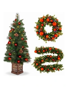 Christabelle Sable Fir Christmas 3pc Set 1.2m Potted Tree 61cm Wreath 2.74m Garland with